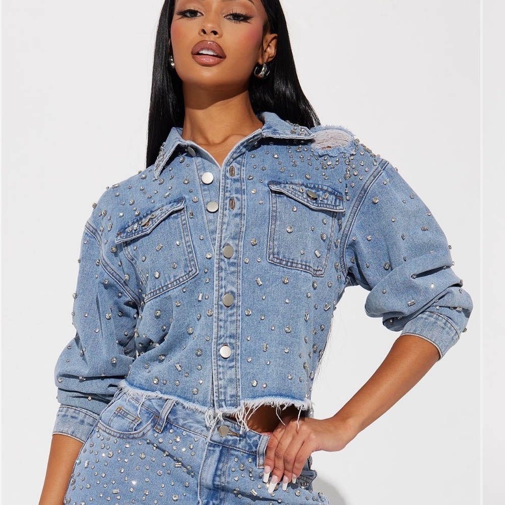 Fashion Nova Light Blue Embellished Denim Jacket